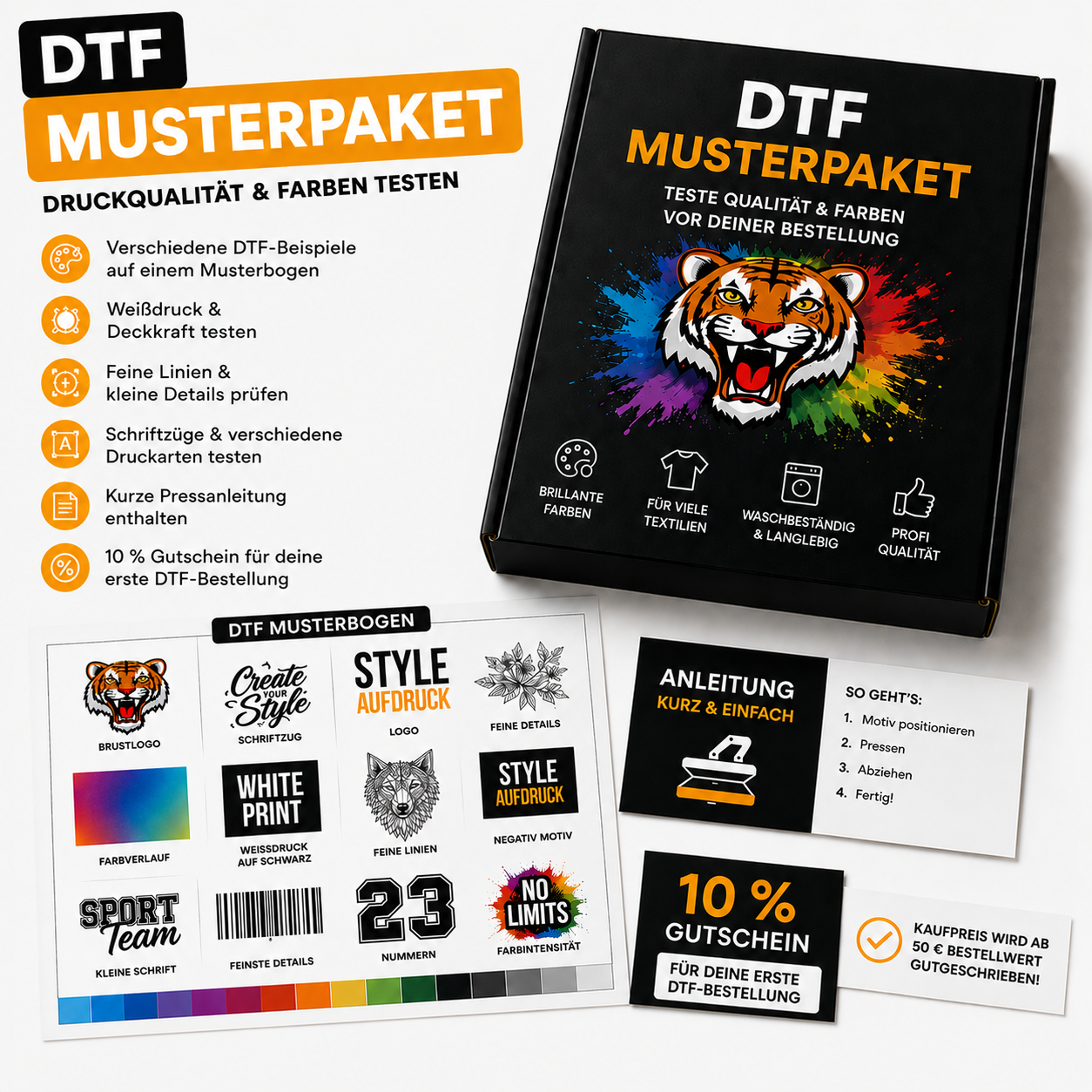 DTF Musterpaket – Druckqualität & Farben testen
