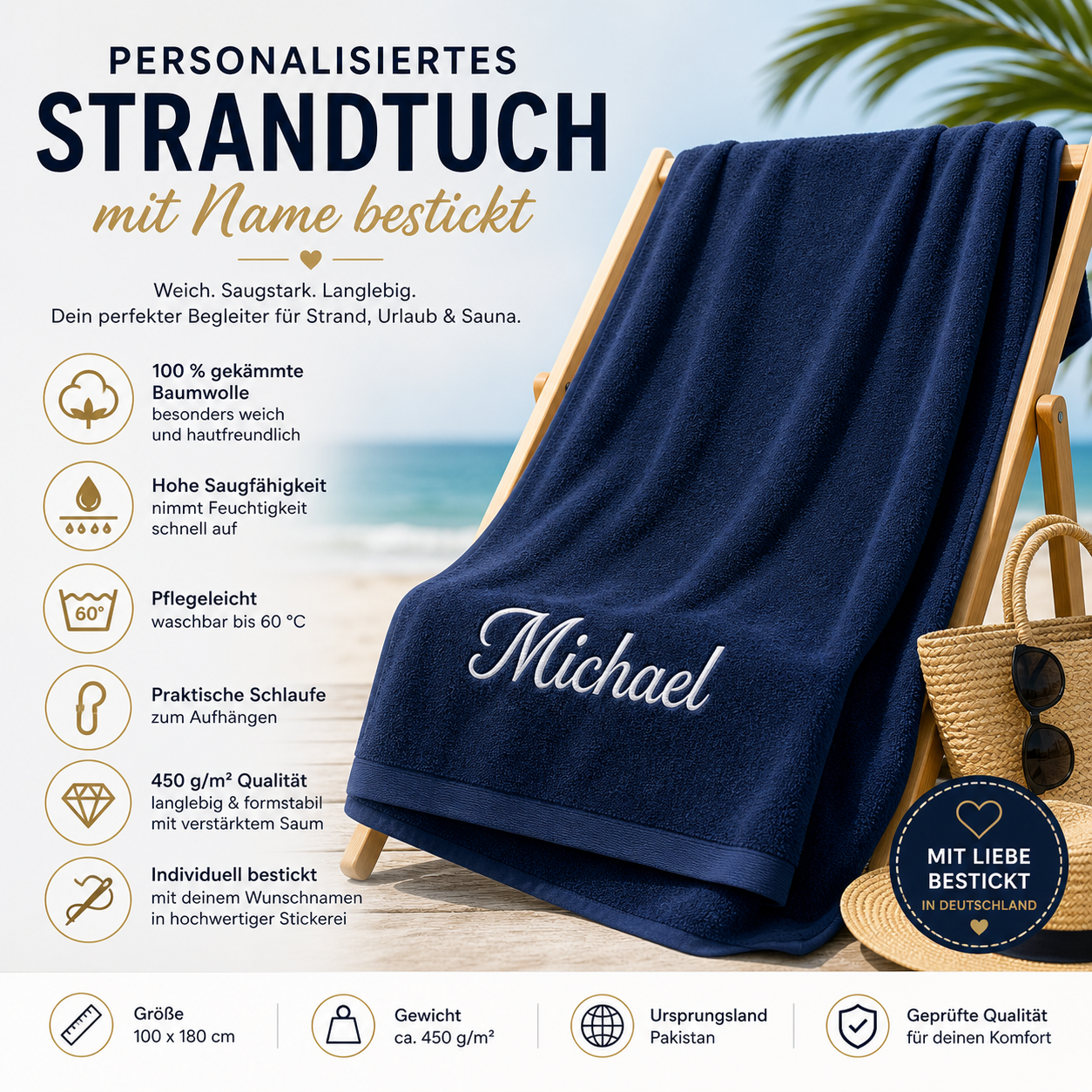 Strandtuch 100x180 cm personalisiert mit Name bestickt – 450 g/m² Baumwolle Badetuch