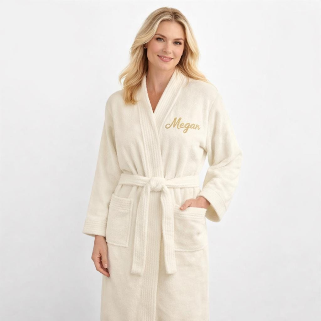 Personalisierter Bademantel mit Name bestickt – Brust oder Rücken Stick – Frottier Bademantel 100 % Baumwolle Unisex