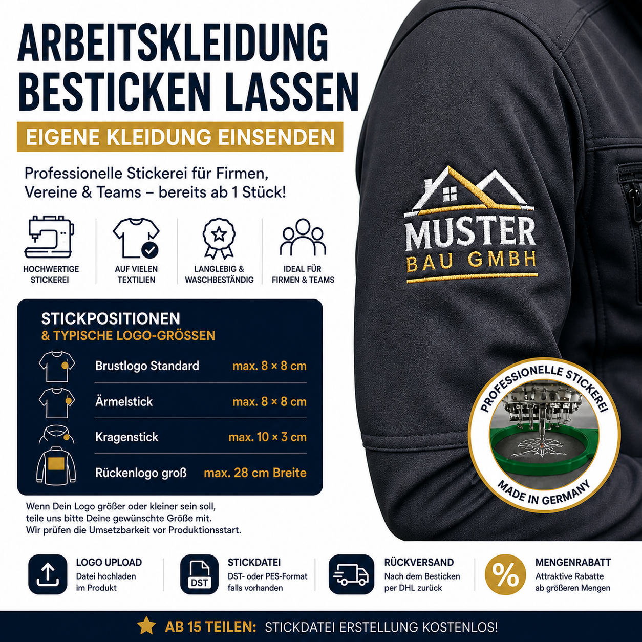 Arbeitskleidung besticken lassen (eigene Kleidung einsenden)