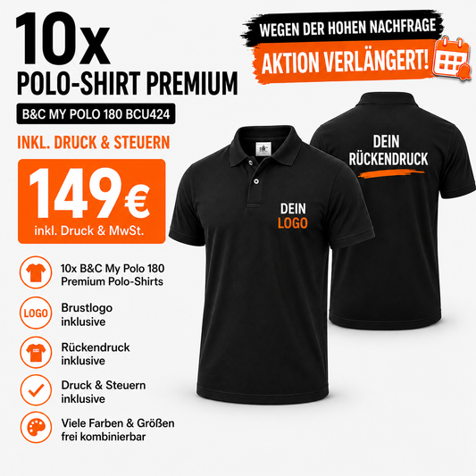 10x Premium Polo-Shirts bedruckt inkl. Brustlogo & Rückendruck – B&C My Polo 180